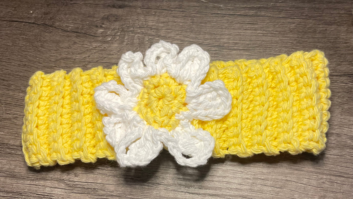 Handmade crochet yellow white daisy flower headband 100% cotton girls headband gift soft gentle headband 18” stretchable cotton