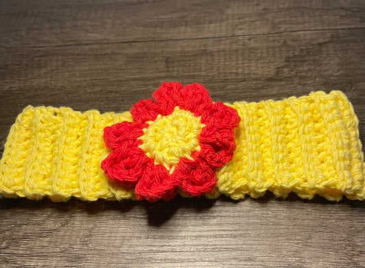 Handmade crochet yellow red flower headband 100% cotton girls headband gift soft gentle headband 18” stretchable cotton
