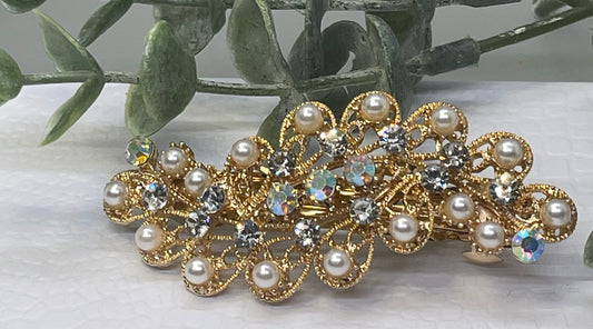 Pearl Crystal rhinestone barrette approximately 3.0” ggold  tone formal hair accessories gift wedding bridesmaid