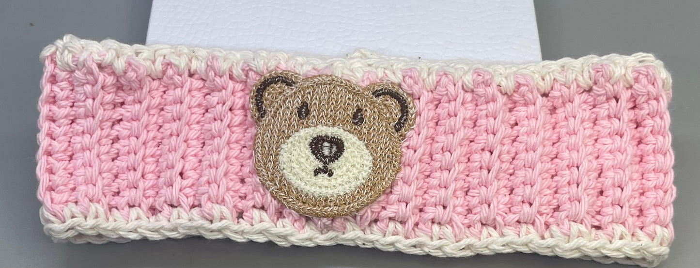 Handmade crochet pink white teddy bear embroidered headband 100% cotton girls headband gift soft gentle headband 18” stretchable cotton