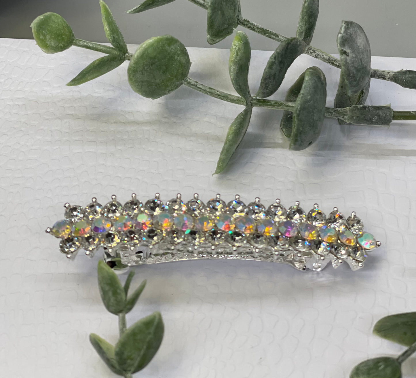 Irridescent Crystal rhinestone barrette approximately 3.0” silver tone formal hair accessories gift wedding bridesmaid