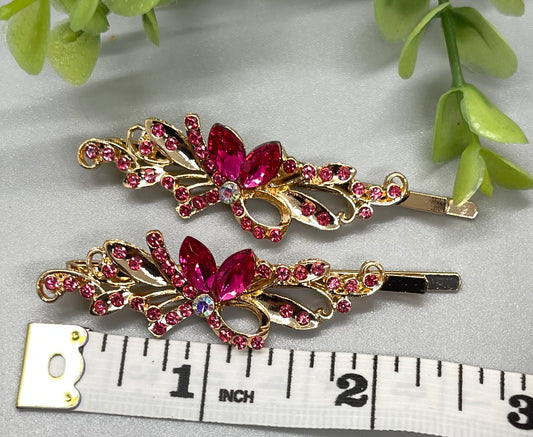 Pink crystal rhinestone Rose Gold approximately 2.75 hair pins 2 pc set wedding bridal shower engagement formal princess accessory birthday prom