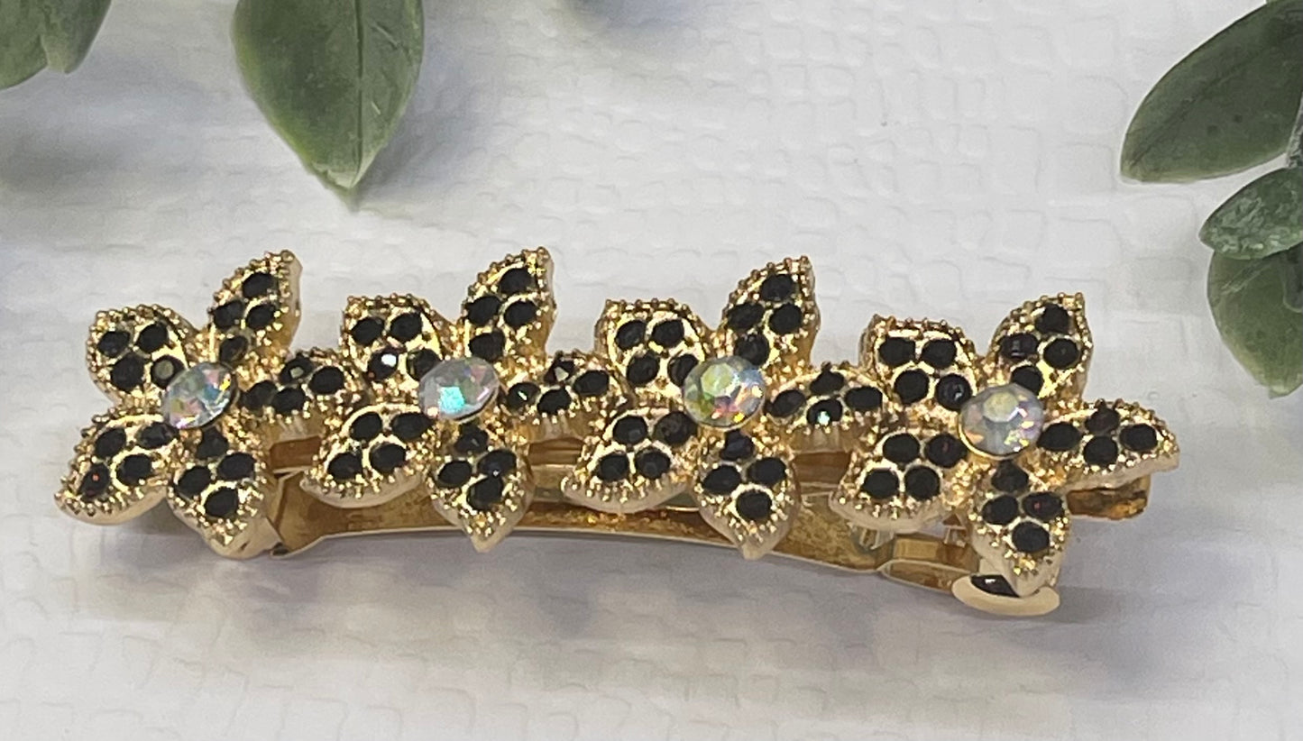 Black Crystal rhinestone flower star barrette approximately 3.0” gold  tone formal hair accessories gift wedding bridesmaid