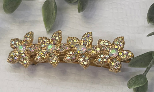 iridescent Crystal rhinestone flower star barrette approximately 3.0” gold  tone formal hair accessories gift wedding bridesmaid