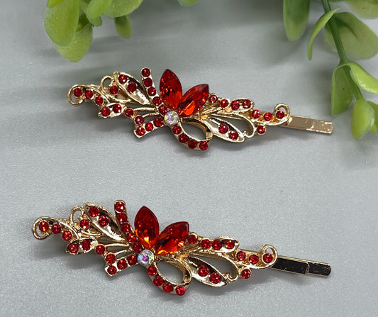 Red crystal rhinestone Rose Gold approximately 2.75 hair pins 2 pc set wedding bridal shower engagement formal princess accessory birthday prom
