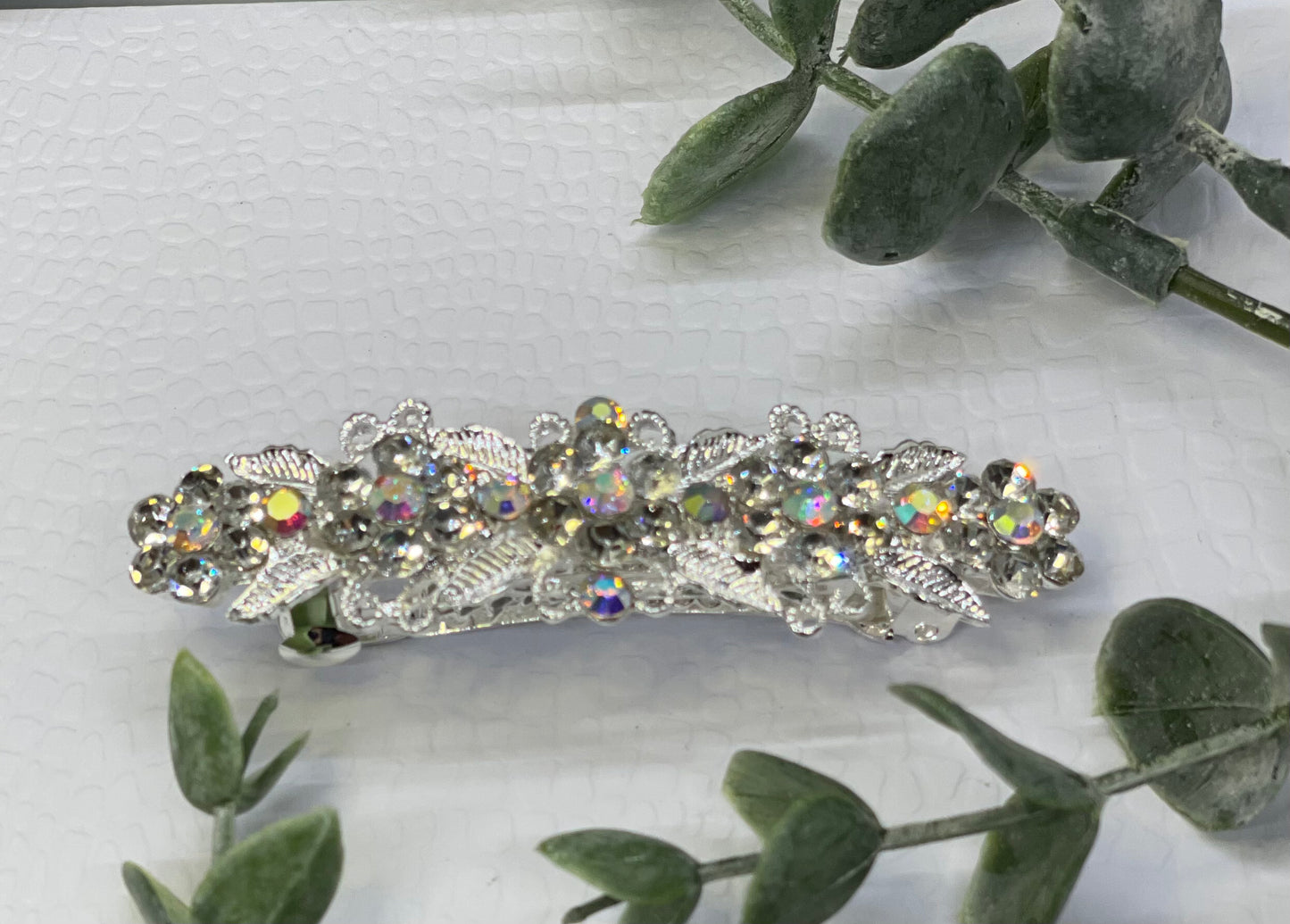 iridecent Crystal rhinestone barrette approximately 3.0” silver tone formal hair accessories gift wedding bridesmaid