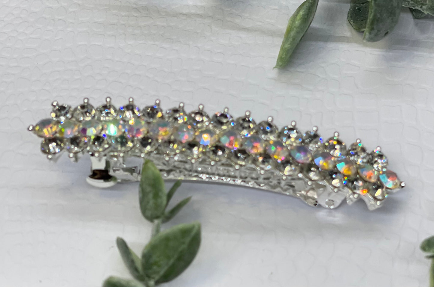 Irridescent Crystal rhinestone barrette approximately 3.0” silver tone formal hair accessories gift wedding bridesmaid