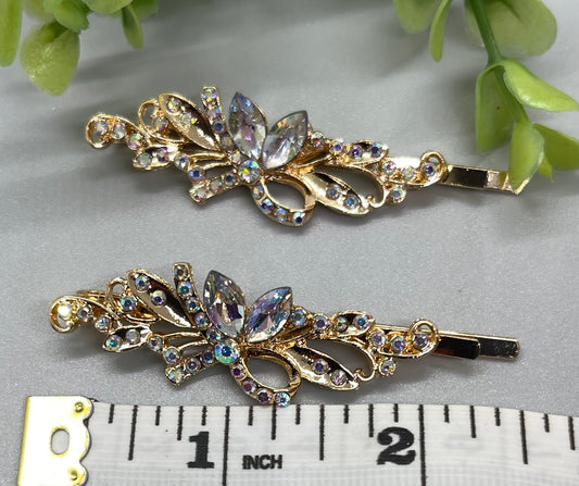 Iridescent crystal rhinestone Rose Gold approximately 2.75 hair pins 2 pc set wedding bridal shower engagement formal princess accessory birthday prom