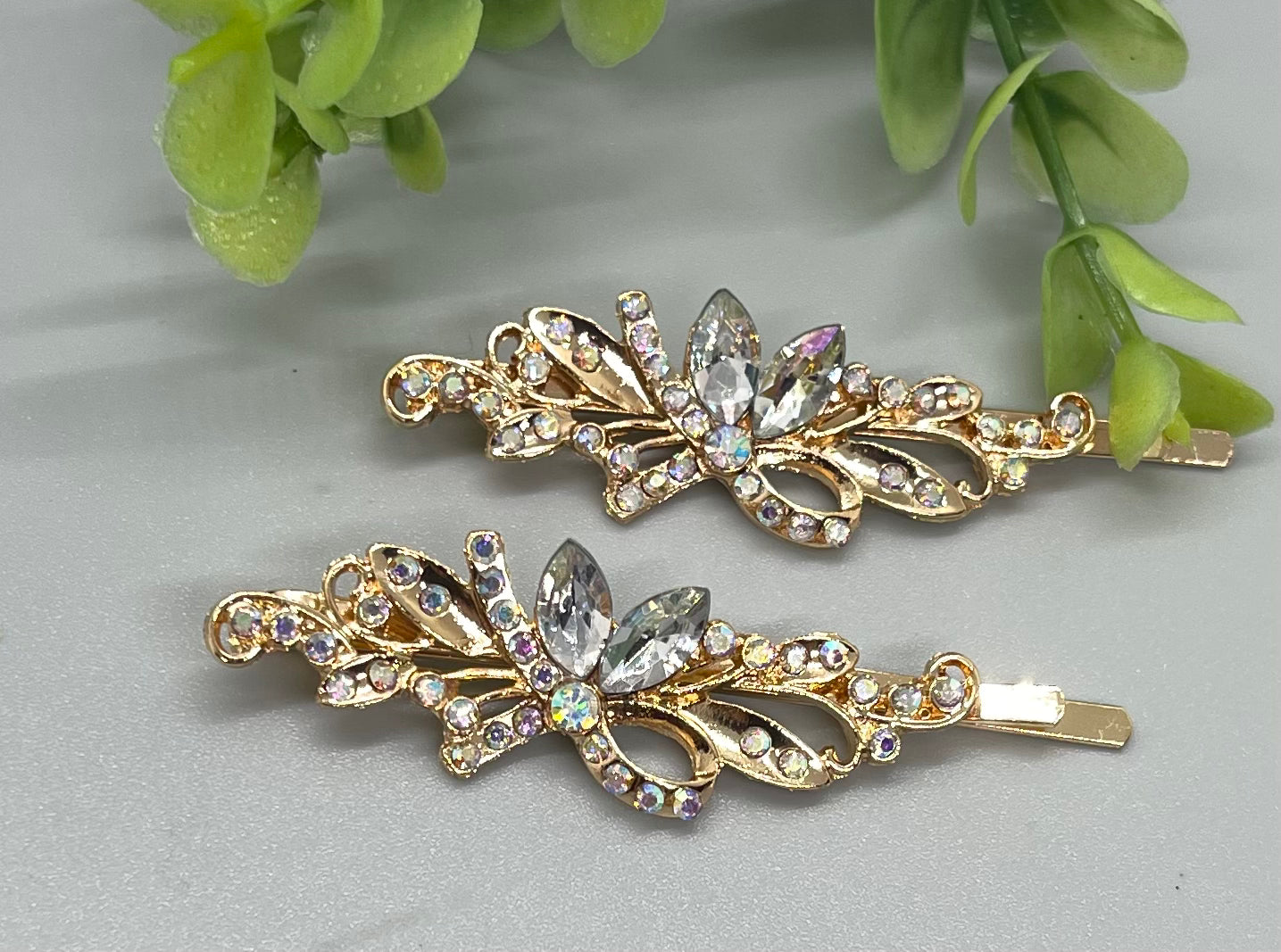 Clear crystal rhinestone Rose Gold approximately 2.75 hair pins 2 pc set wedding bridal shower engagement formal princess accessory birthday prom