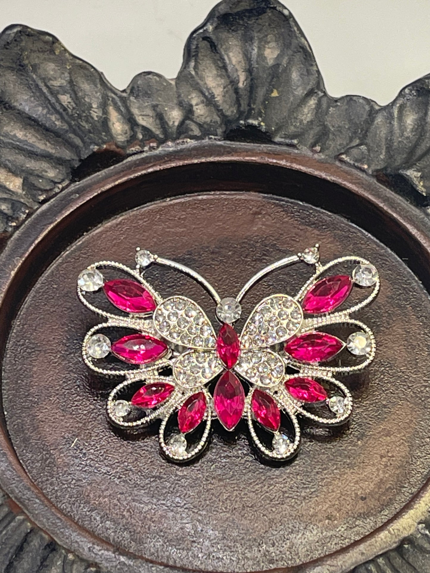Luxe’s hot pink  butterfly Crystal Brooch Rhinestone silver tone woman with rhinestone gift scarf accessory