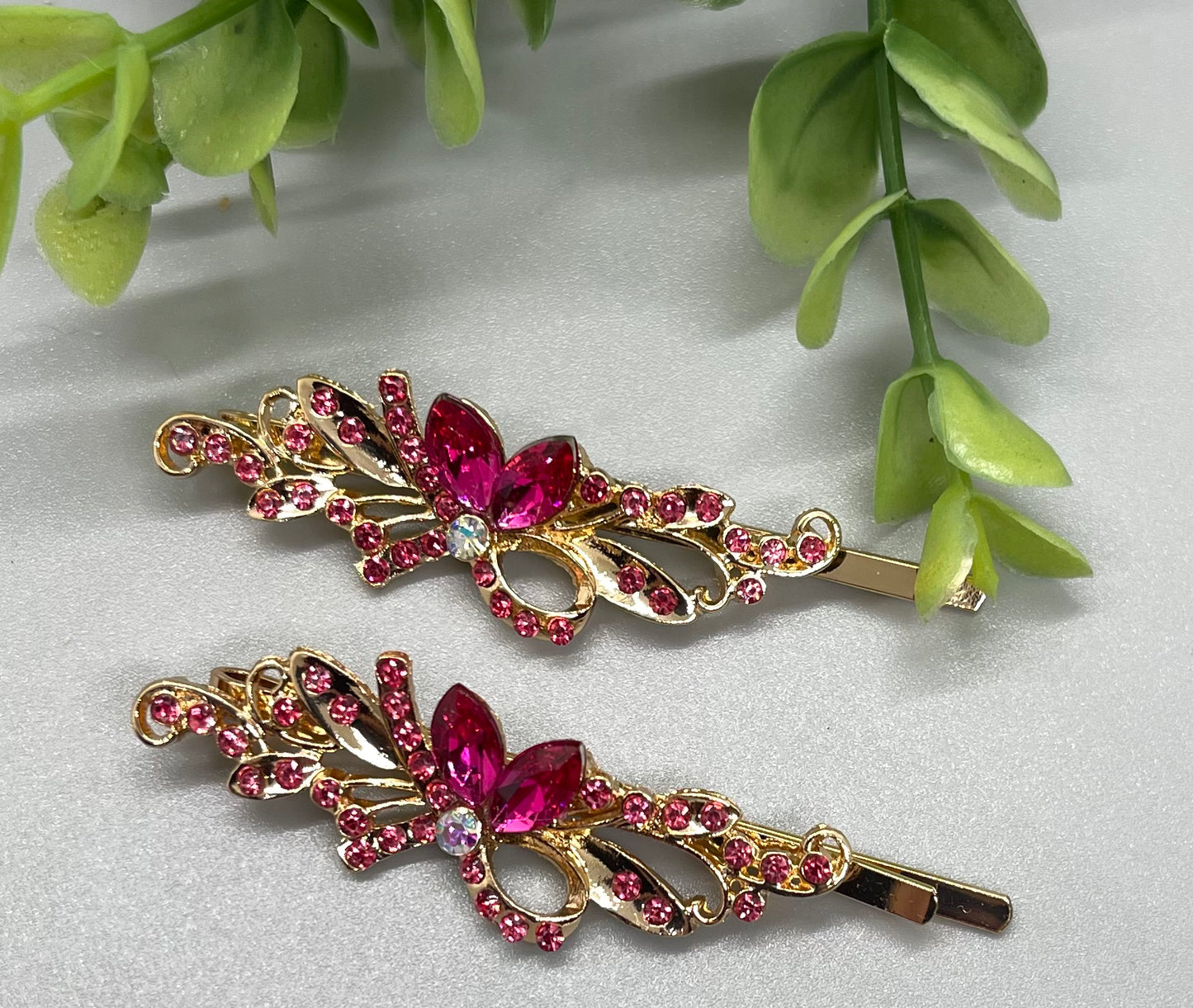 Pink crystal rhinestone Rose Gold approximately 2.75 hair pins 2 pc set wedding bridal shower engagement formal princess accessory birthday prom