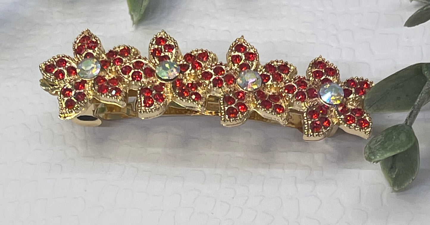 Red Crystal rhinestone flower star barrette approximately 3.0” gold  tone formal hair accessories gift wedding bridesmaid