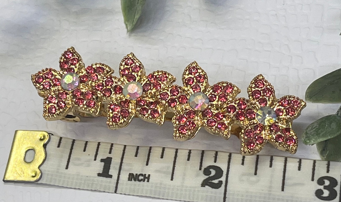 Pink Crystal rhinestone flower star barrette approximately 3.0” gold  tone formal hair accessories gift wedding bridesmaid