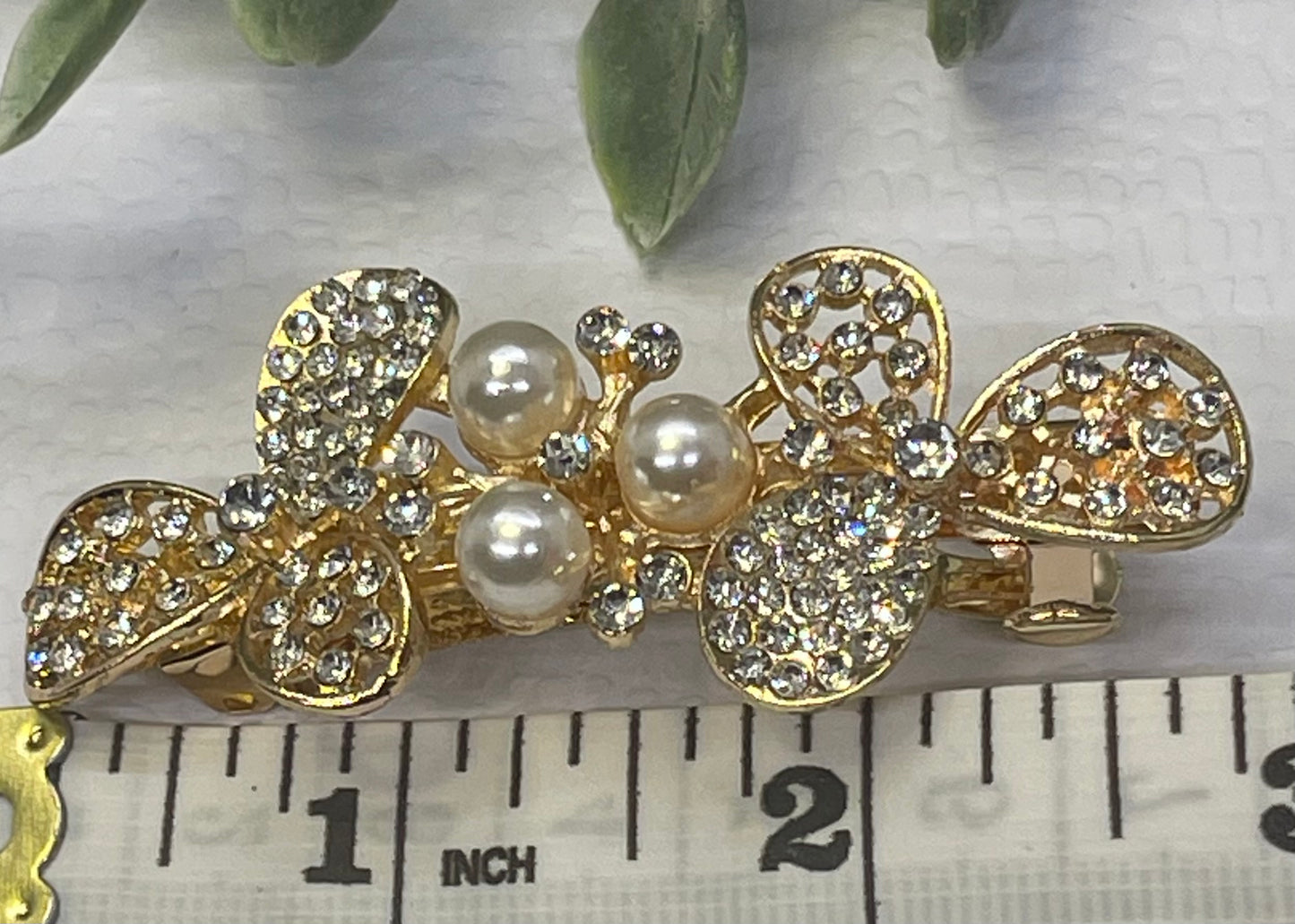 Pearl Crystal rhinestone barrette approximately 3.0” gold tone formal hair accessories gift wedding bridesmaid