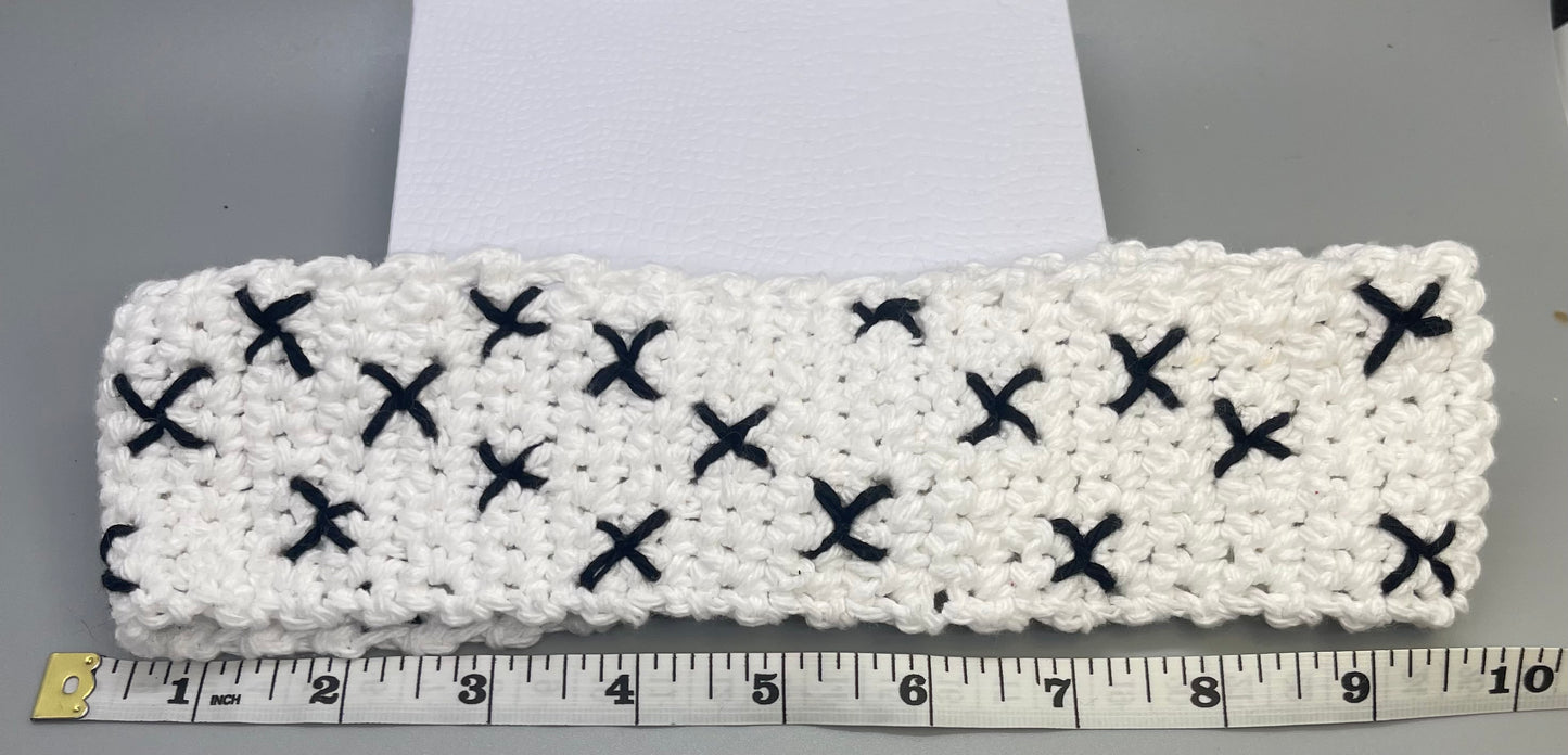 Handmade crochet white black embroidered bow headband 100% cotton girls headband gift soft gentle headband 18” stretchable cotton