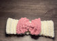 Handmade crochet cream beige pink bow headband 100% cotton girls headband gift soft gentle headband 18” stretchable cotton