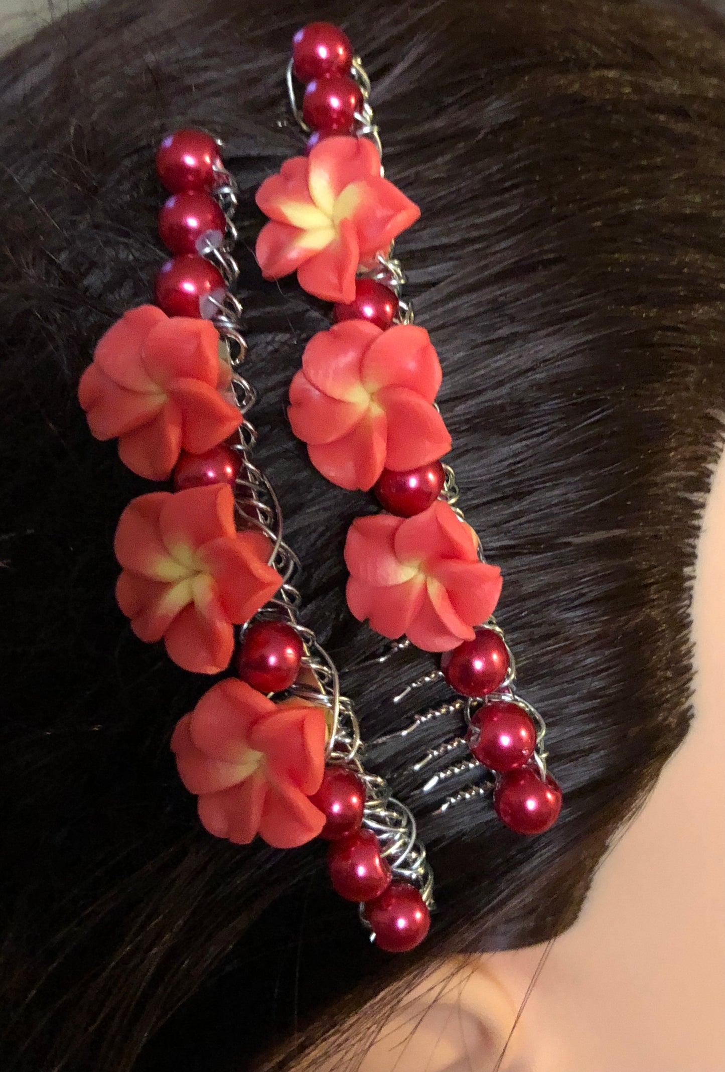 Red Coral  Yellow Flower Beads Silver Tone Side Comb 2pc Set