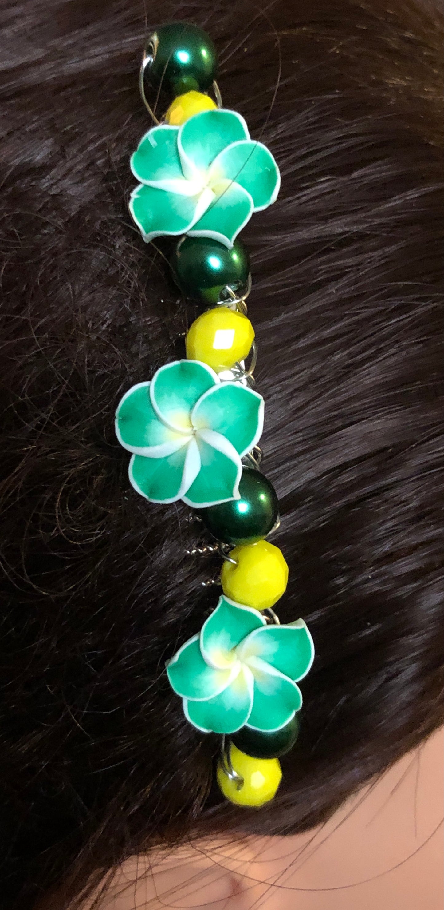 Green white Flower Green Yellow Beads Silver  Tone Side Comb 1pc