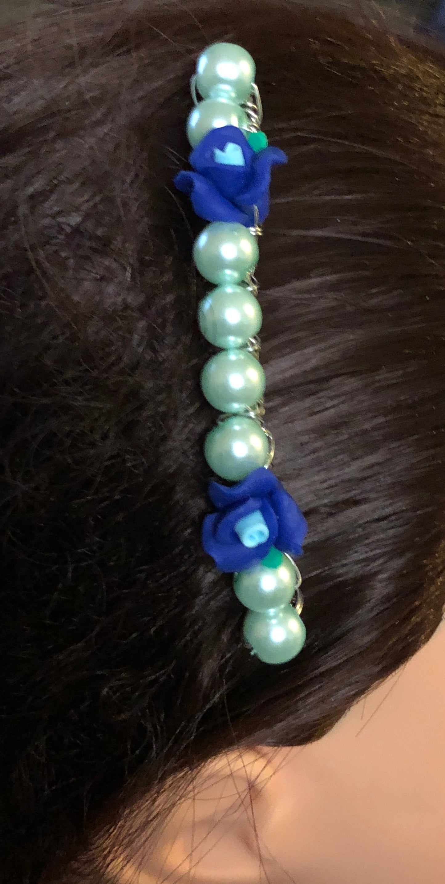 Blue Flower Light Blue Beads Tone Side 3.5' Comb 1 Pc