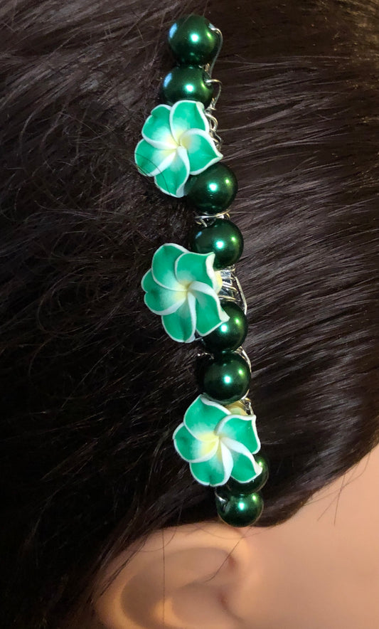 White Green Yellow Flowers Green Beads Silver Tone Side3.5' Comb 1pc