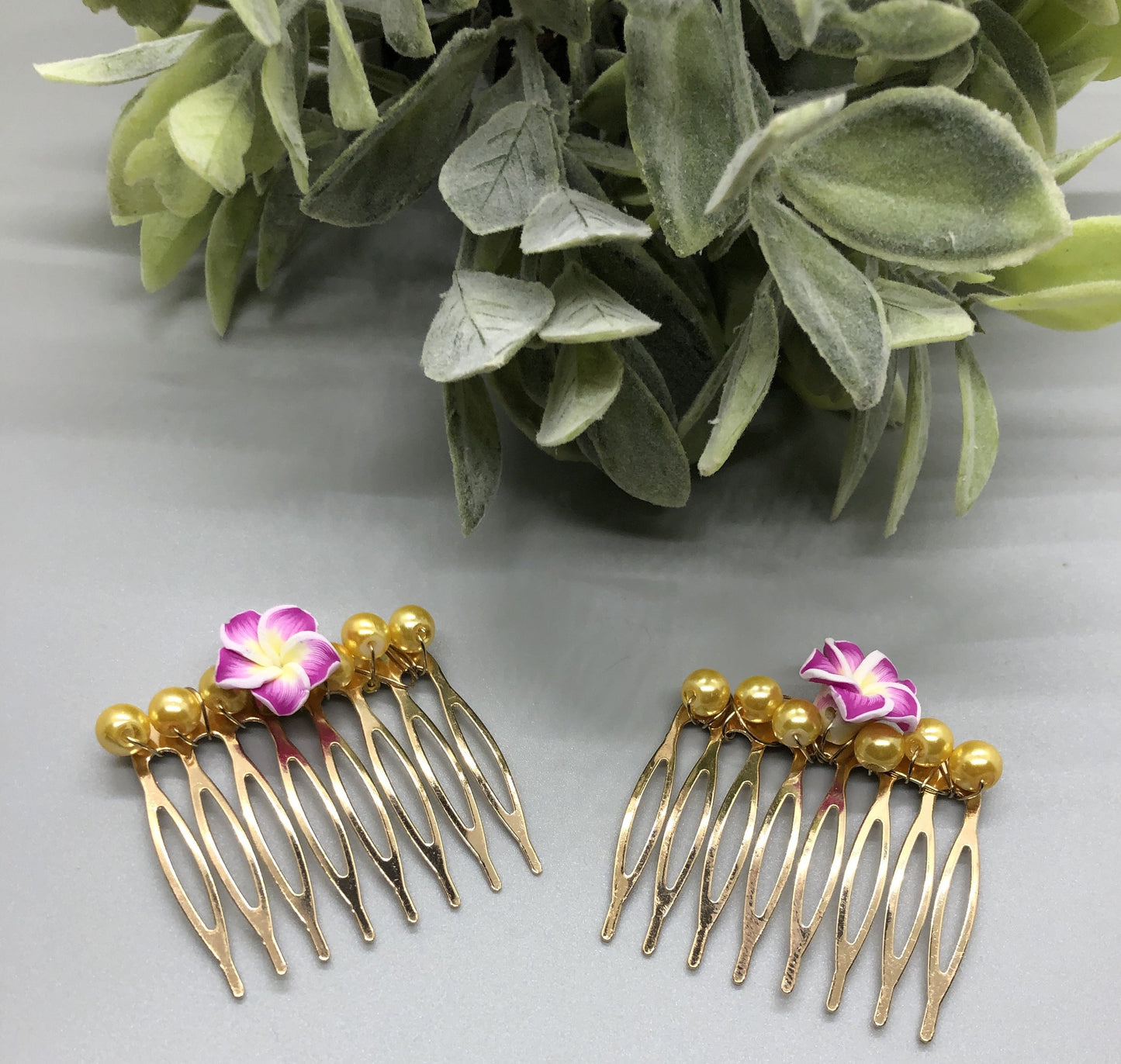 Hot Pink Flower  Yellow Beaded Hair Comb Retro Bridal Wedding Party Prom