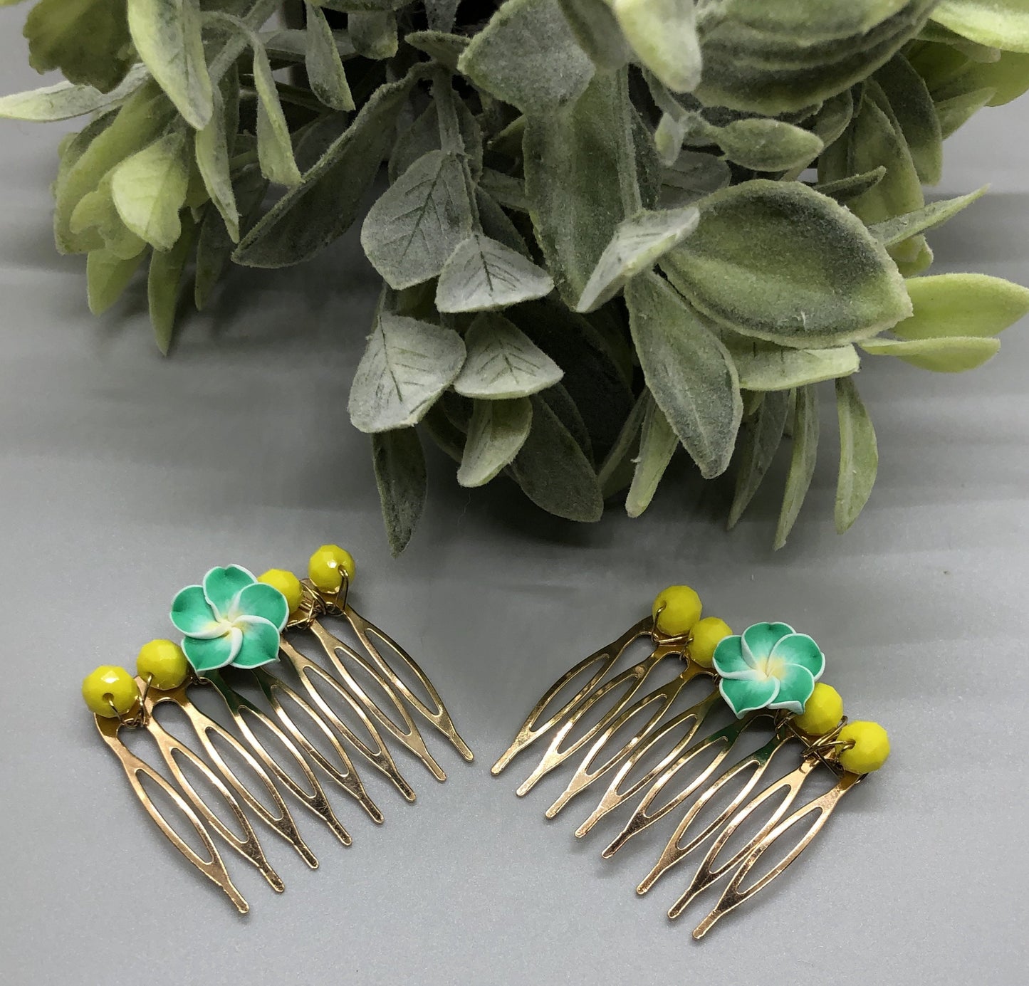 Green Flower Yellow Beaded Hair Comb Retro Bridal Wedding Party Prom