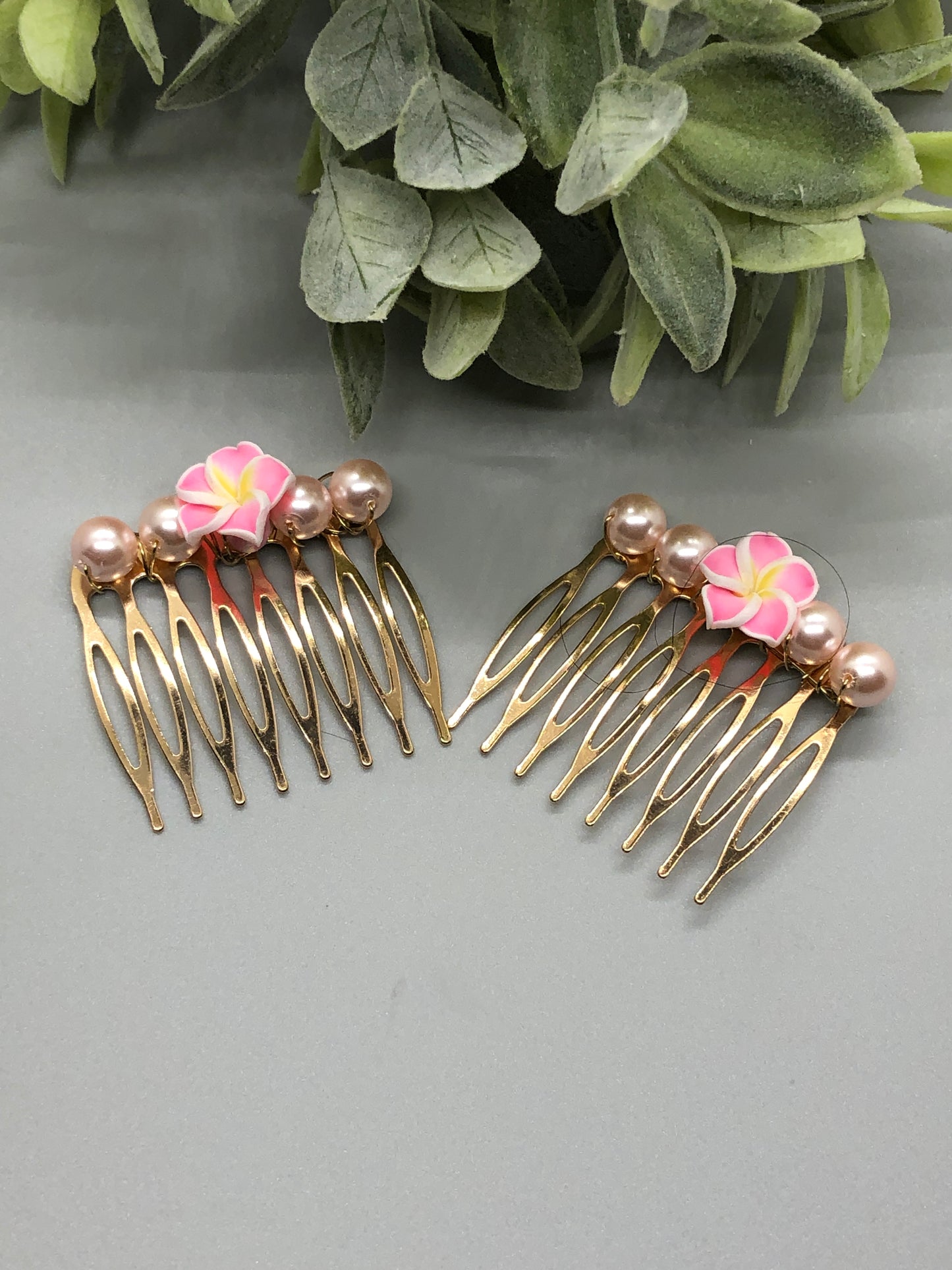 Pink Flower Pink Beaded Hair Comb Retro Bridal Wedding Party Prom