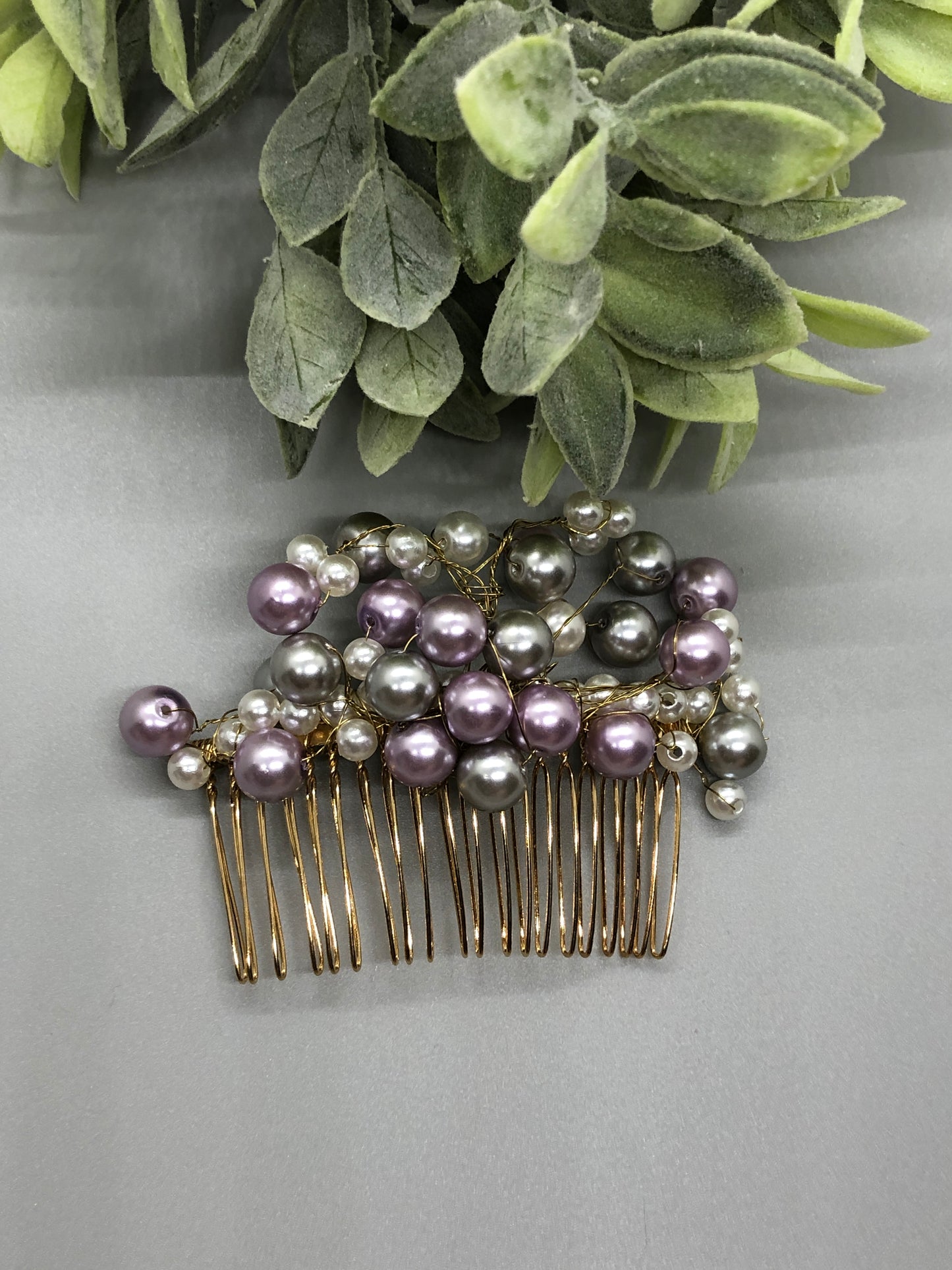 Purple Silver White Vines Hair Comb 3.5' Gold Comb Retro Bridal Prom Wedding Party