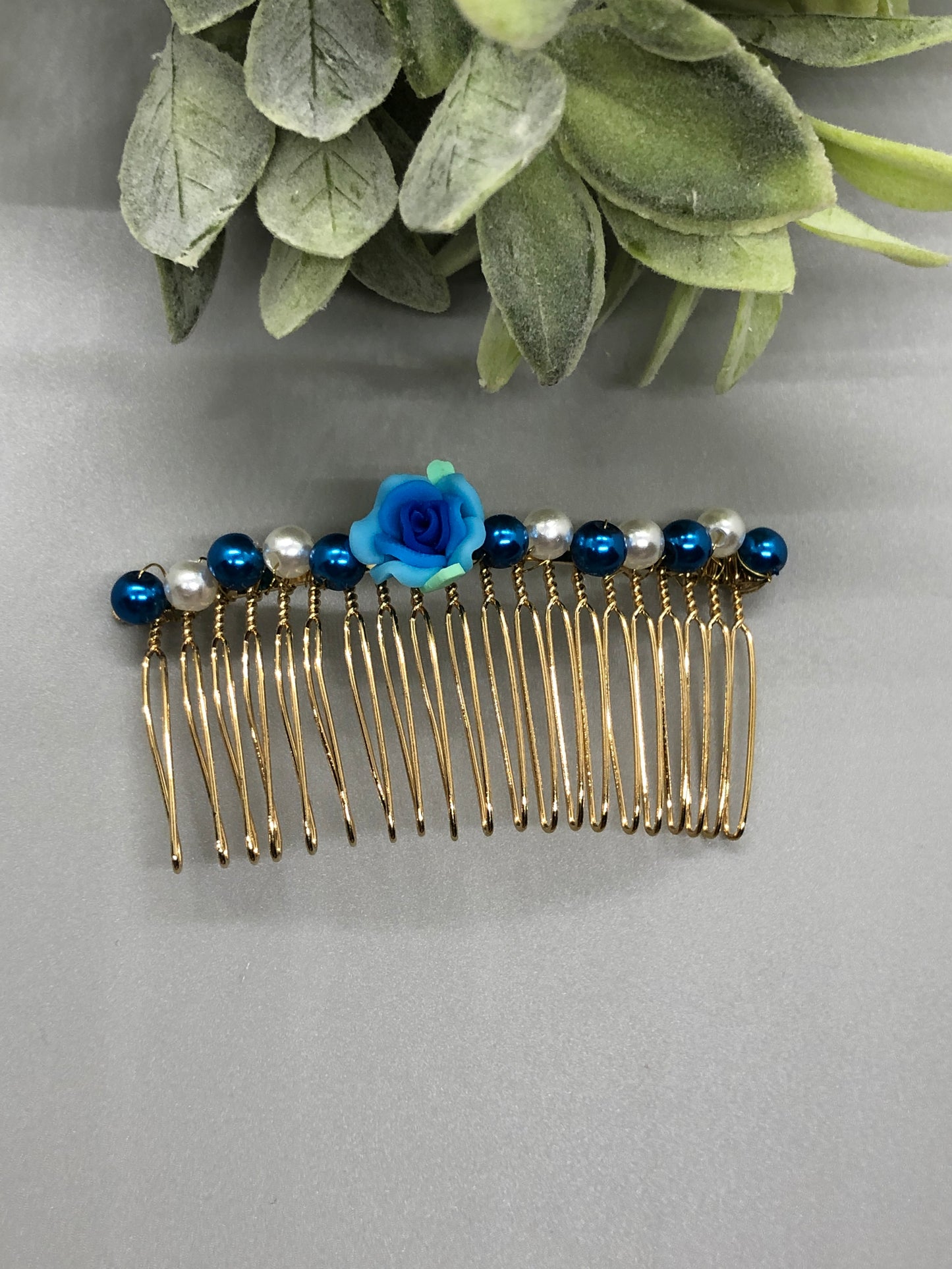 Blue Flower White Beaded Hair Comb on 3.5' Gold Tone Metal Hair side Comb vintage style wedding birthday princess engagement formal hair accessory accessories