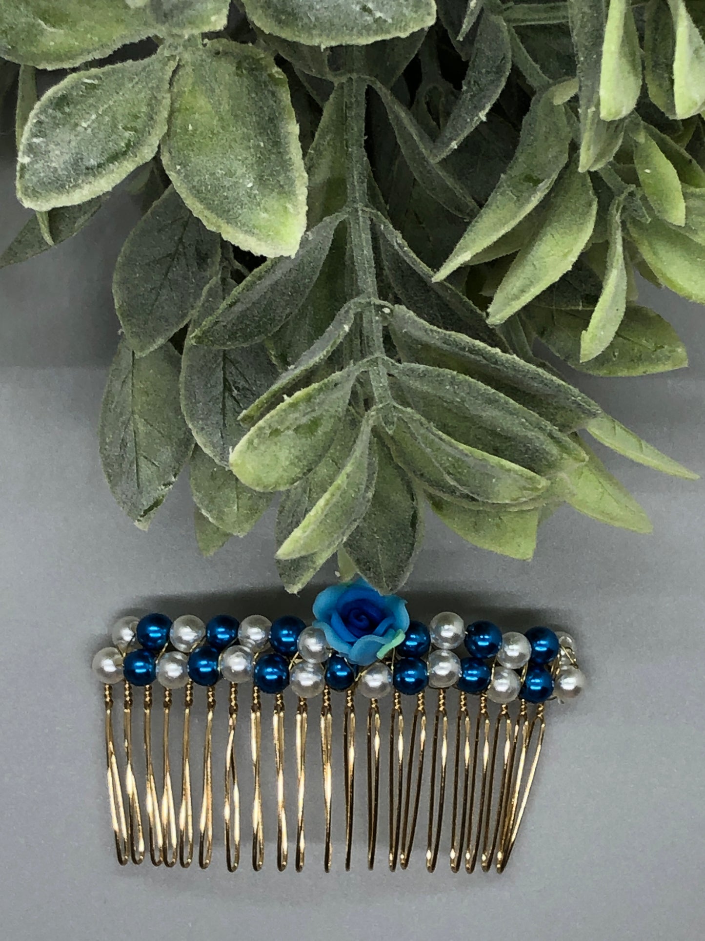 Blue White Flower Beaded Hair Comb 3.5' Gold Comb  Retro Bridal Prom Wedding Party