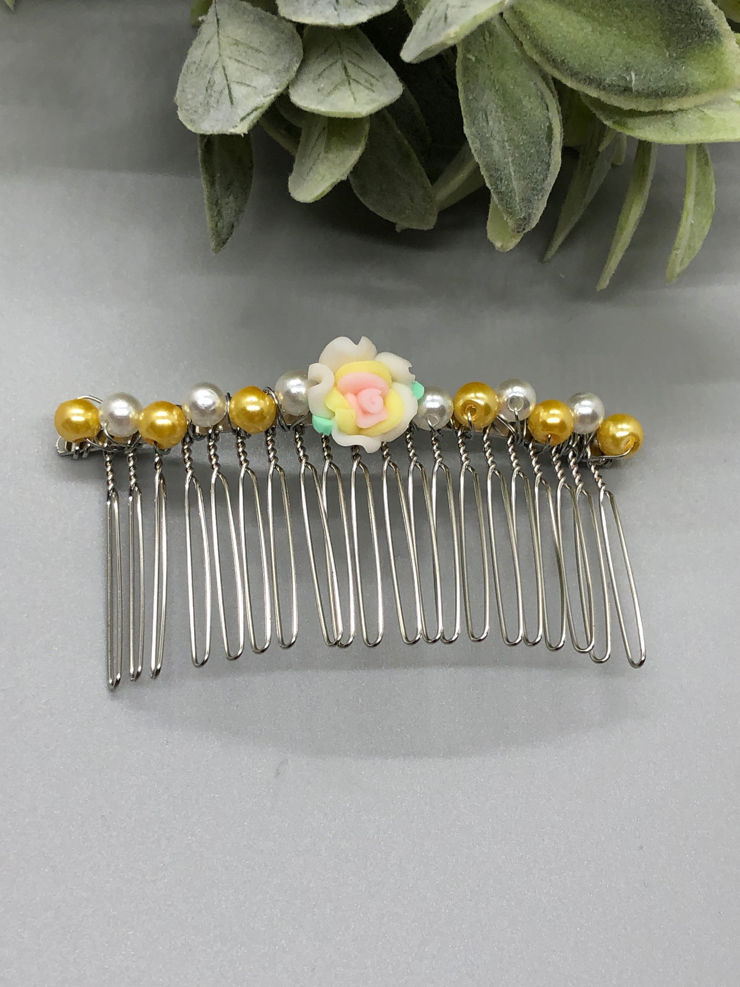 Yellow White Flower Beaded Hair Comb 3.5' Silver Comb  Retro Bridal Prom Wedding Party