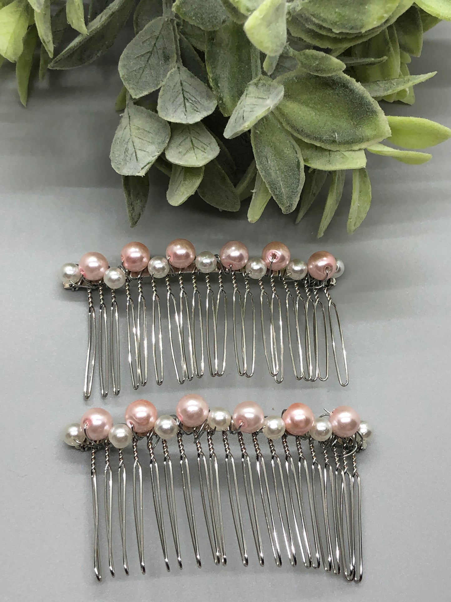 Pink White Beaded Hair Comb 3.5'' Silver Tone  Comb 2pc set Retro Bridal Prom Wedding Party