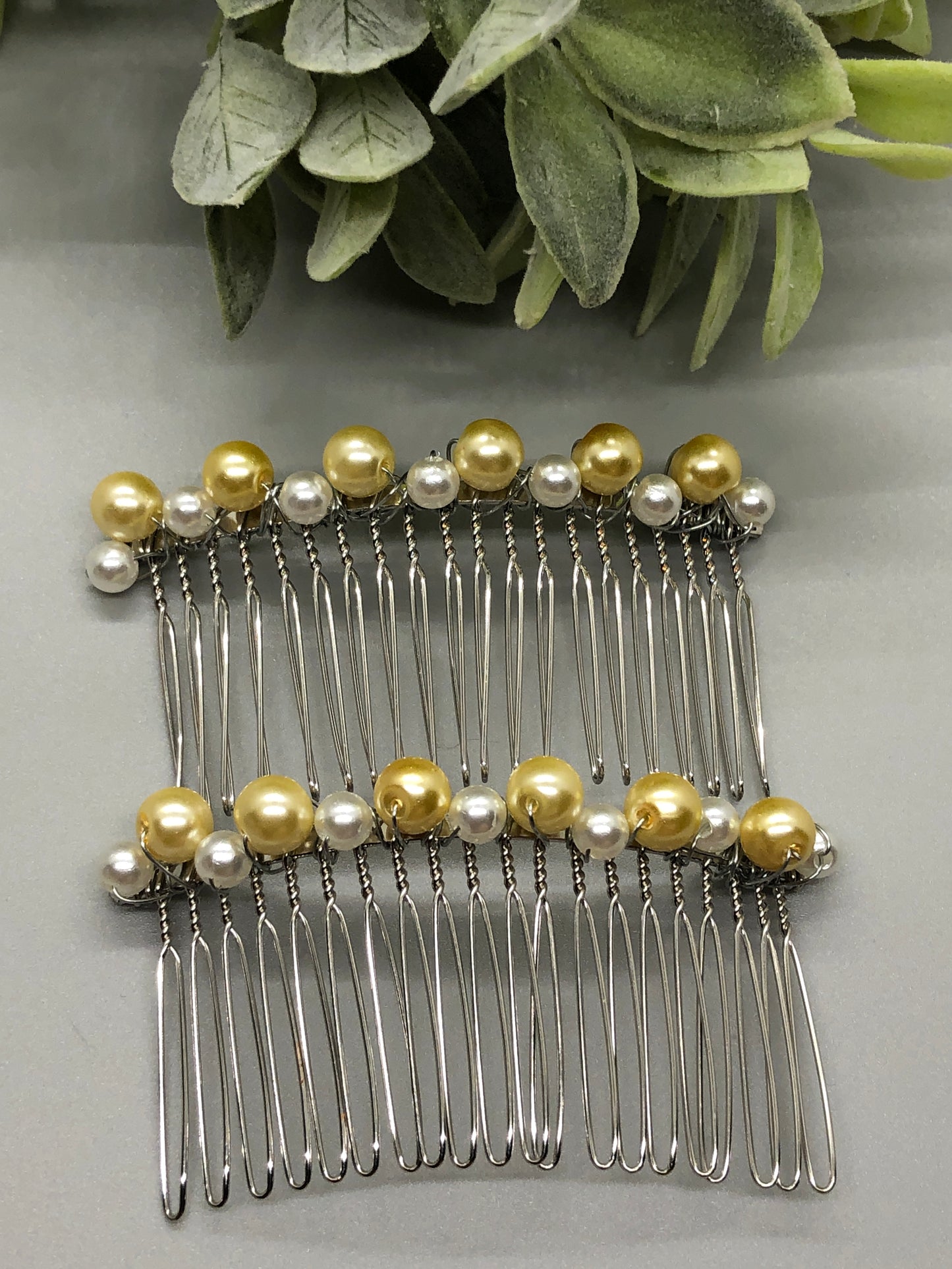 Pale Yellow White Hair Comb 3.5' Silver Comb 2pc set Retro Bridal Prom Wedding Party