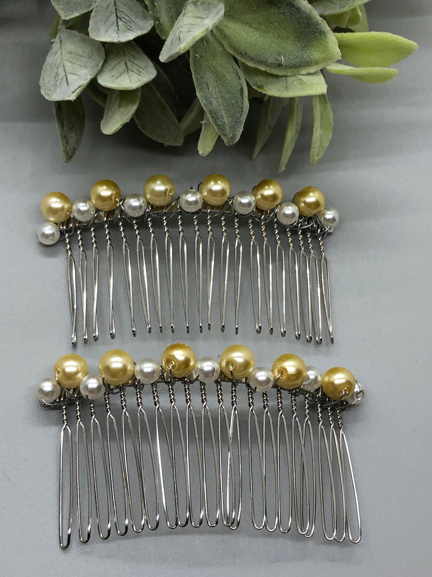 Pale Yellow White Hair Comb 3.5' Silver Comb 2pc set Retro Bridal Prom Wedding Party