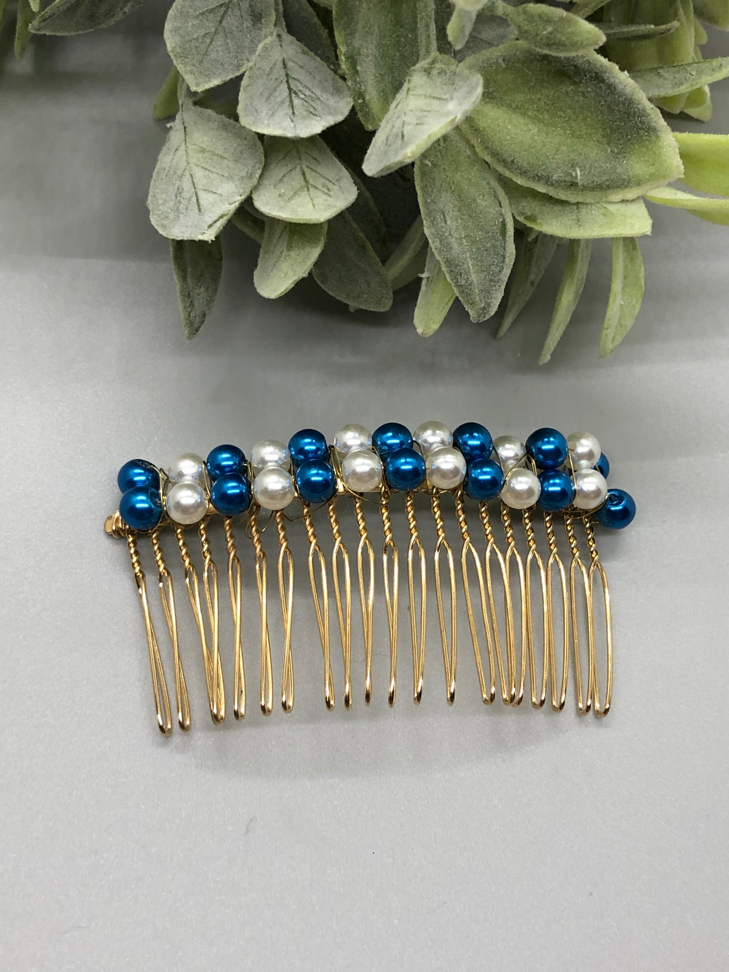 Blue White 2 rows Beaded Hair Comb on 3.5' Gold Tone Metal Side Comb wedding engagement birthday princess bridesmaid formal hair accessory accessories