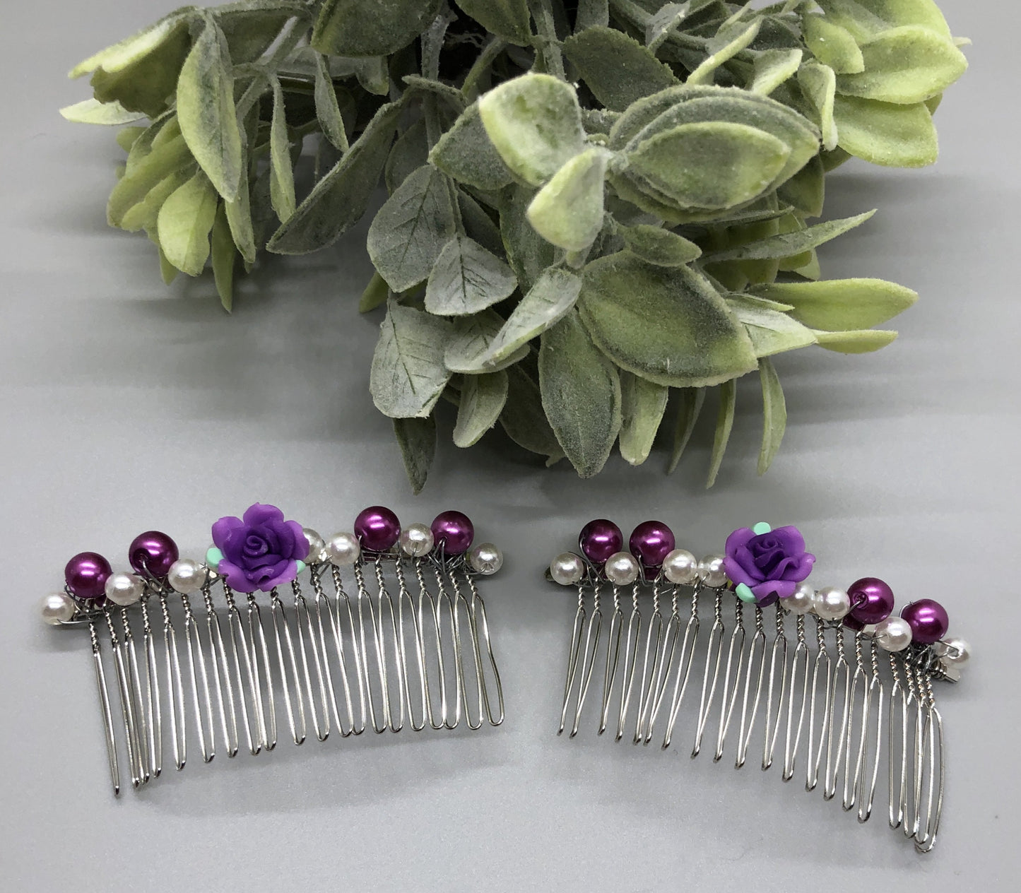 White Purple Flower Pearl Beaded Hair Clip Comb Retro 2 Piece Set