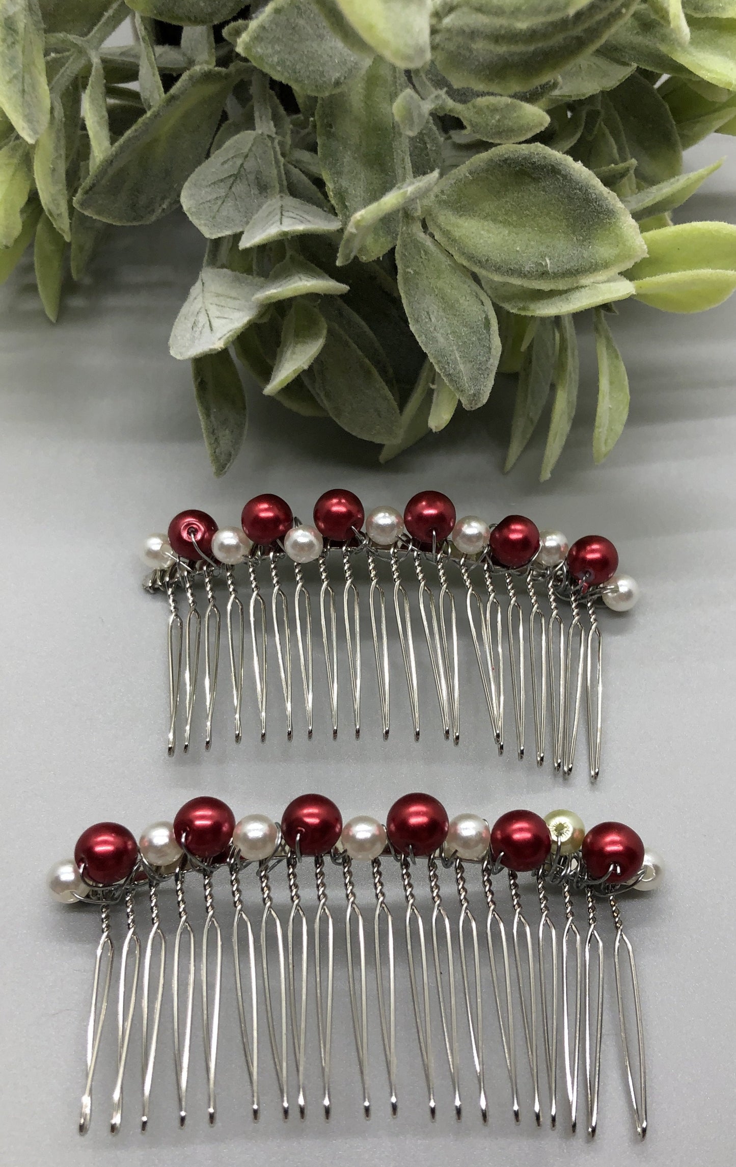 Ruby Red White Beaded Hair Comb 3.5'' Silver Tone Comb 2pc set Retro Bridal Prom Wedding Party
