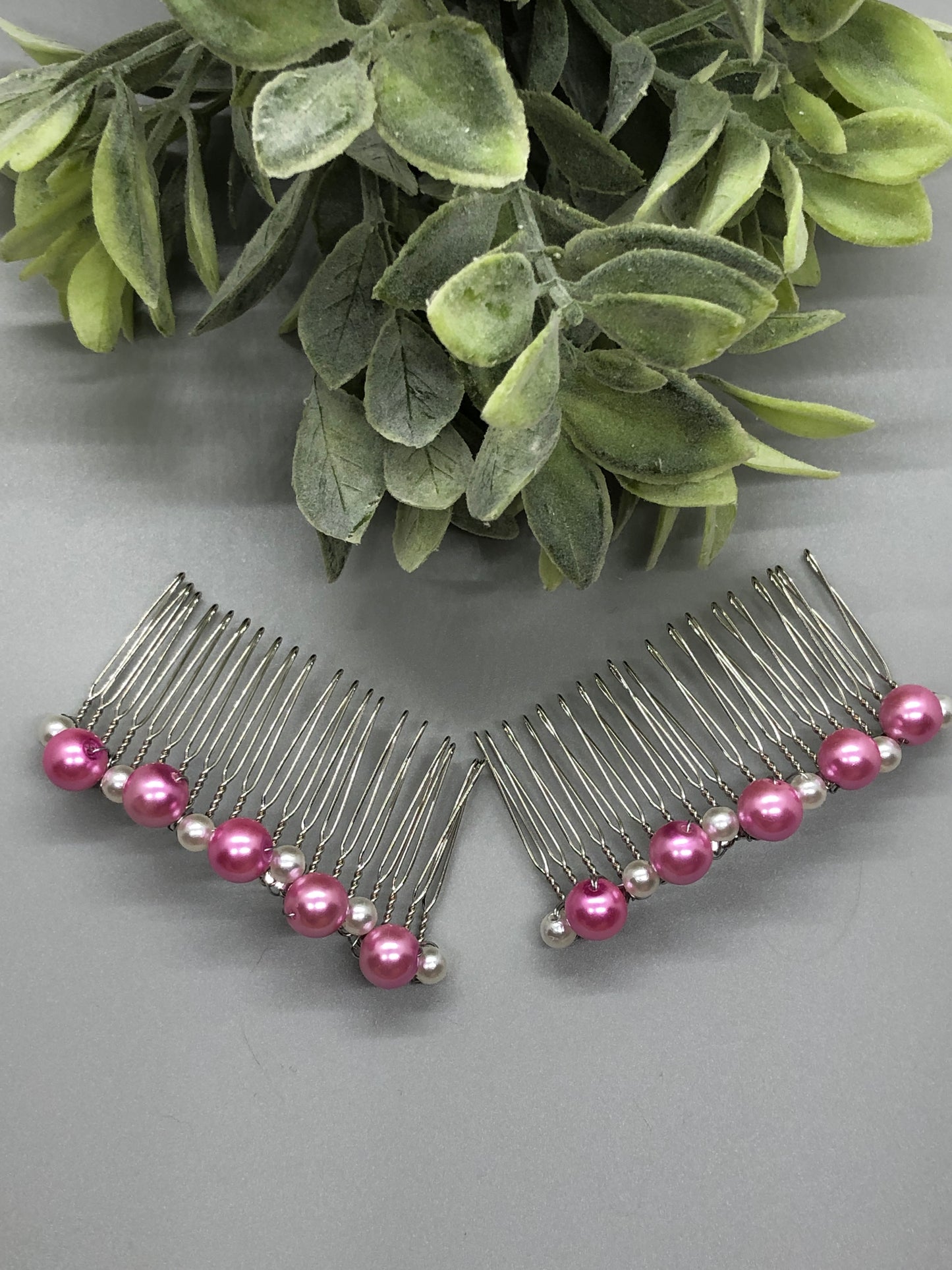 Pink White Beaded Hair Comb 3.5'' Silver Tone Comb 2pc set Retro Bridal Prom Wedding Party