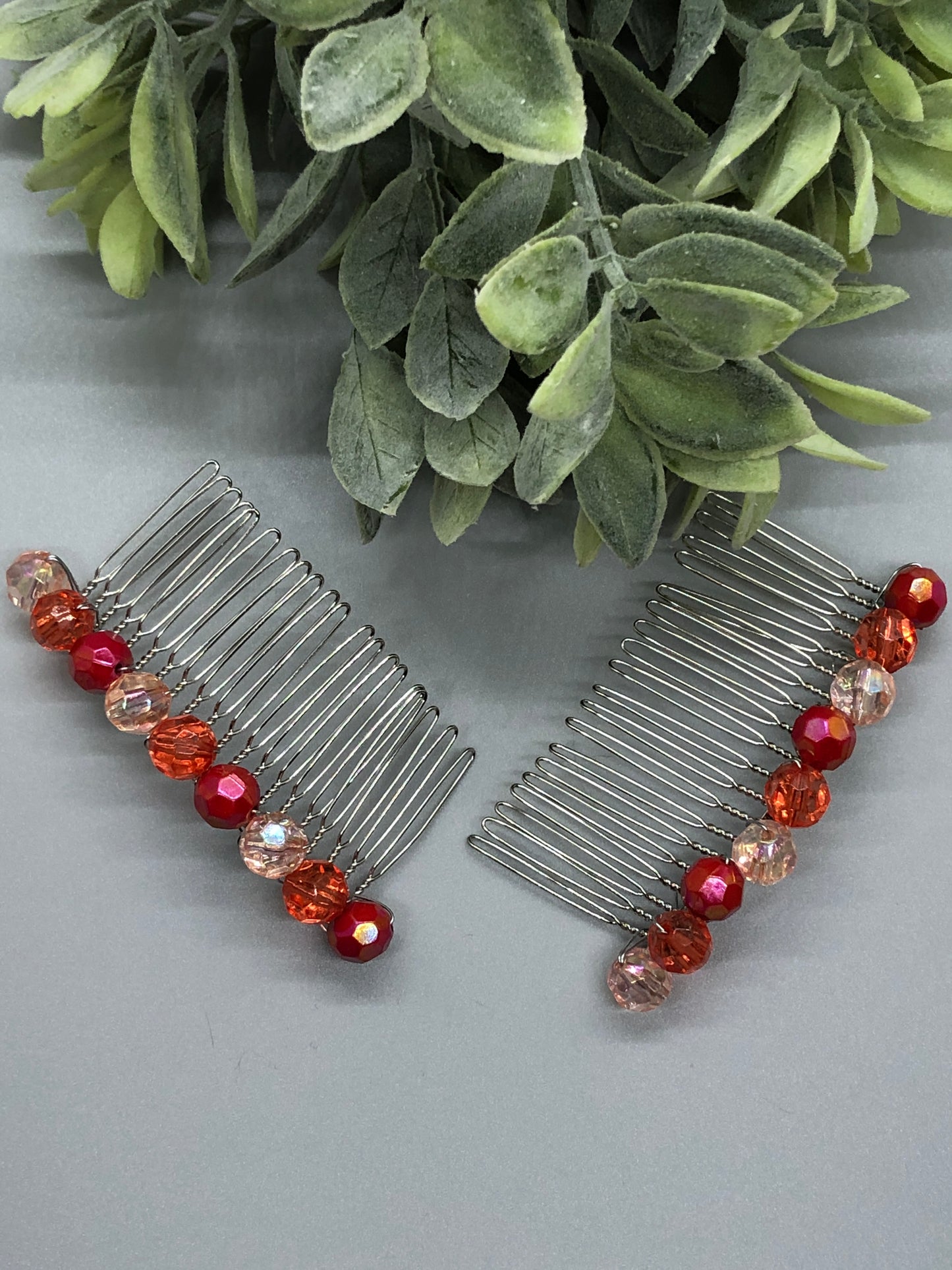 Red Pink Beaded Hair Comb Retro Bridal Wedding Party Prom