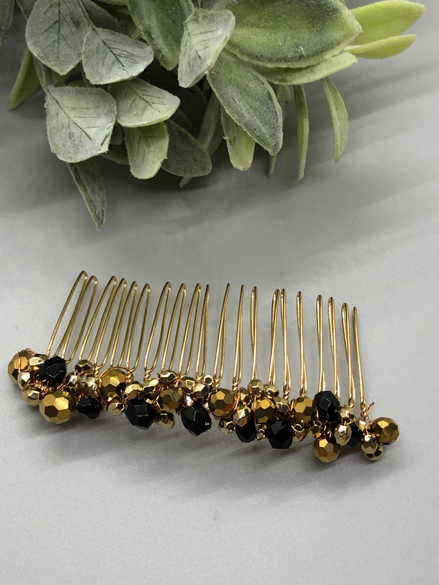 Black Gold Beaded Hair Comb 3.5''  Gold Tone  Comb  Retro Bridal Prom Wedding Party