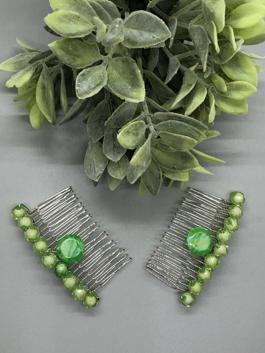 Lime Green Beaded Hair Comb 2pc Set Retro Bridal Wedding Party Prom