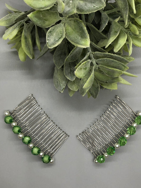 Lime Green White Pearls Beaded Hair Comb 2pc Set Retro Bridal Wedding Party Prom