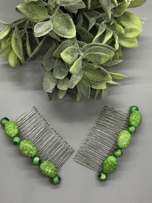 Lime Green Beaded Faux Marble Green Stone Hair Comb 2pc Set Retro Bridal Wedding Party