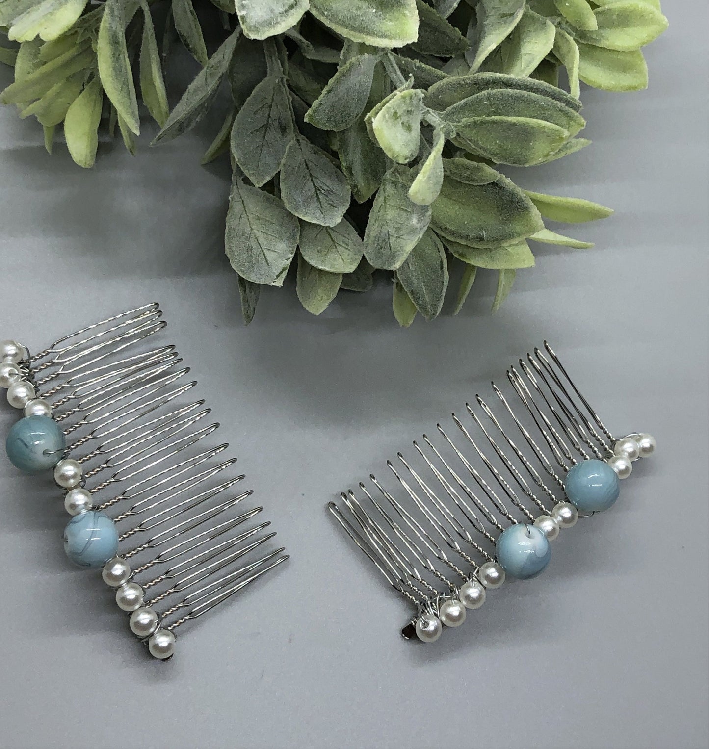 Blue White Ball Faux Stone White Pearls Beaded Hair 3.5'Comb Retro Bridal Wedding Party Prom 2pc set