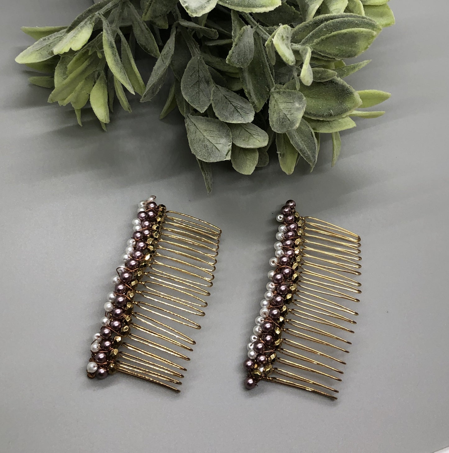 Gold White Purple Beaded Hair Comb 3.5''  Gold Tone  2pc Set Comb  Retro Bridal Prom Wedding Party