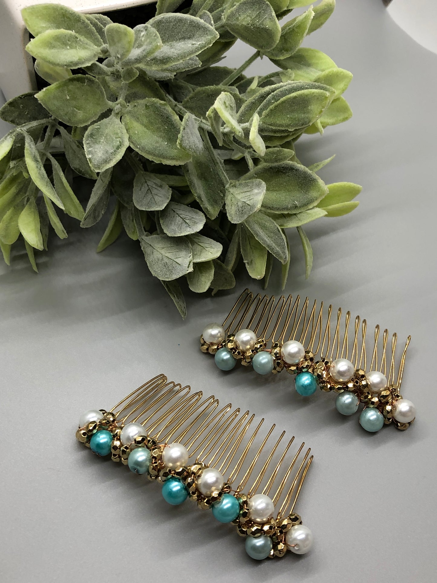Teal Blue White Gold Beaded Comb Gold Tone 3'5 Metal Comb Retro Bridal Prom Wedding Party