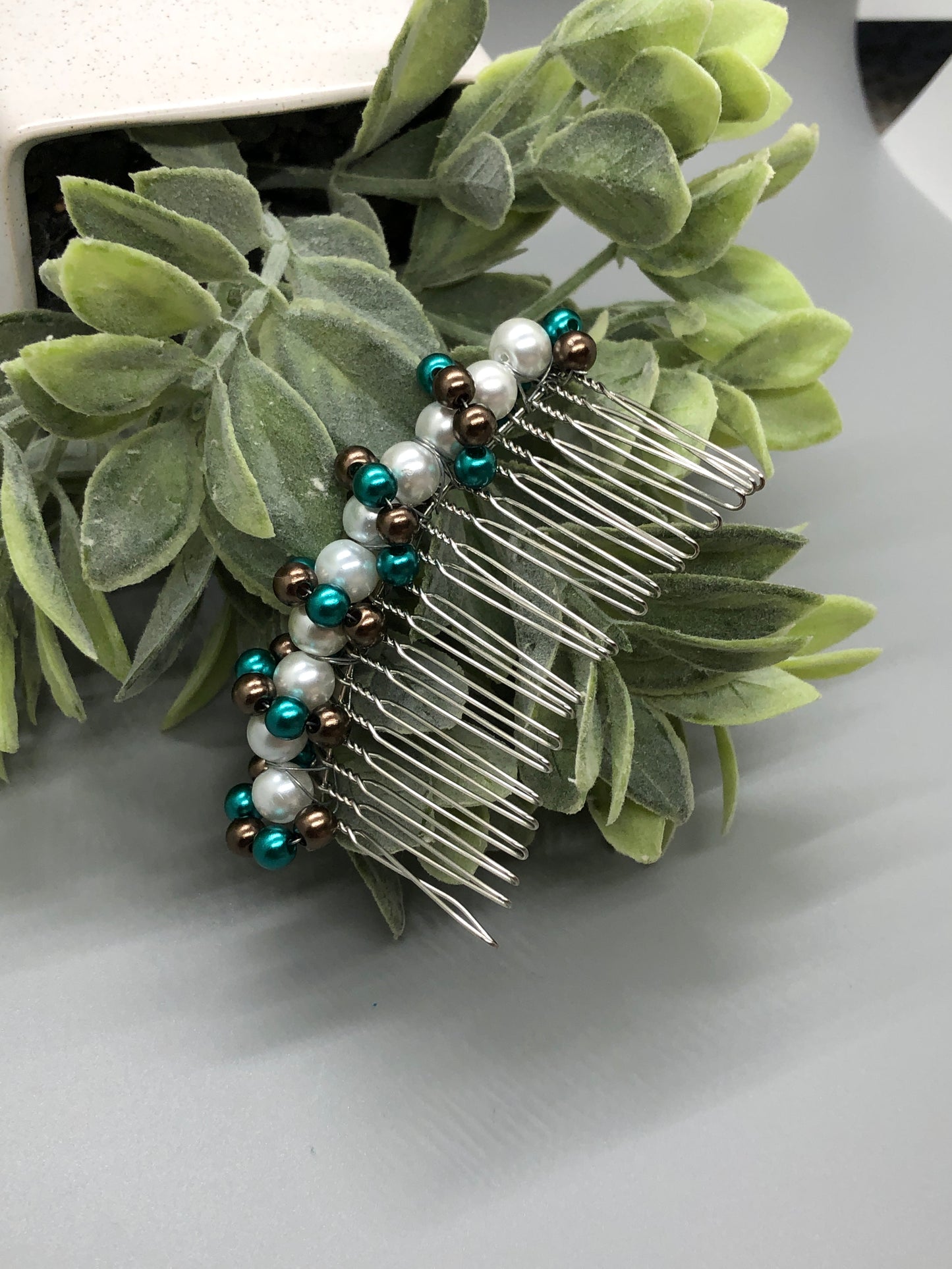 Purple White Teal Beaded  Hair Comb 3.5' Silver Metal Comb Retro Bridal Prom Wedding Party