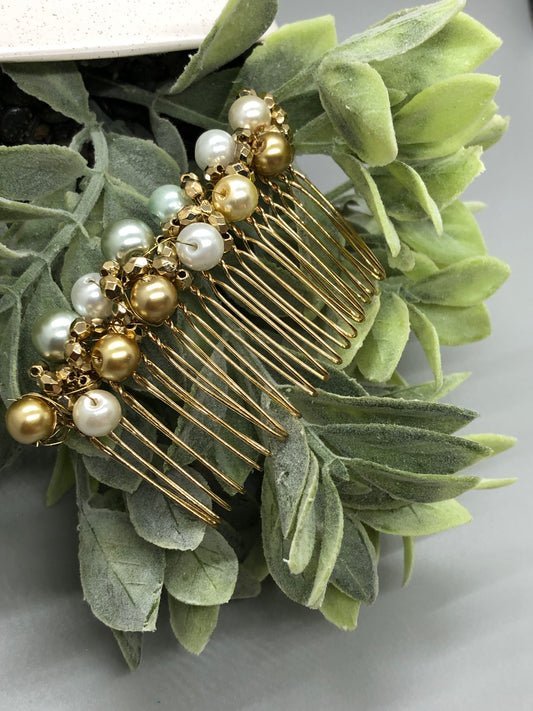 Gold White Gray Metallic Beaded Hair Comb 3.5' Gold Comb  Retro Bridal Prom Wedding Party