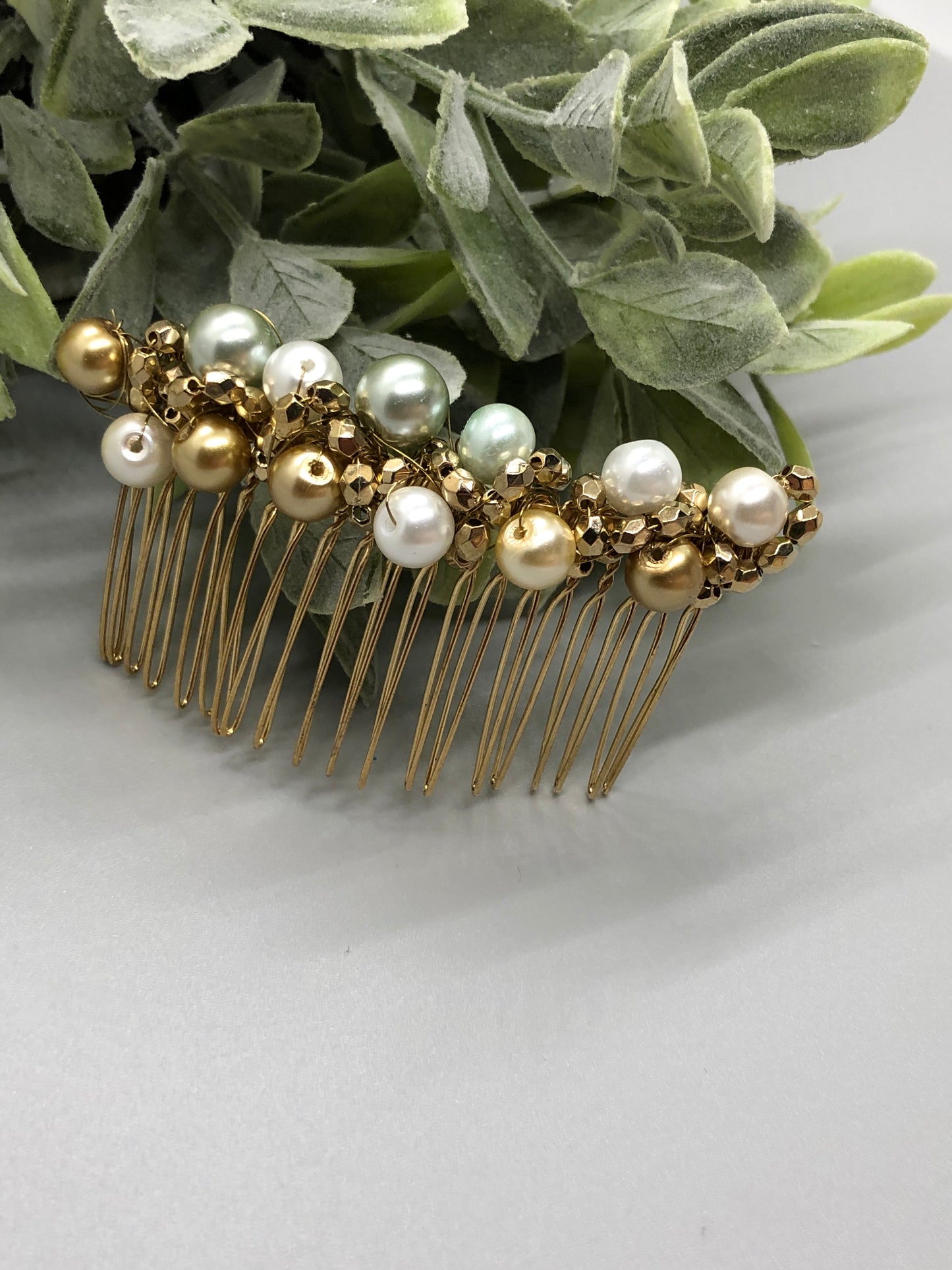 Gold White Gray Metallic Beaded Hair Comb 3.5' Gold Comb  Retro Bridal Prom Wedding Party