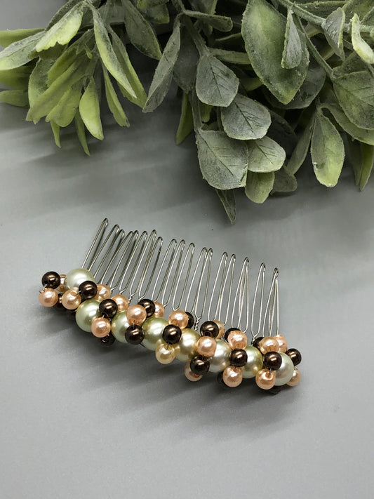 Purple Pink White Beaded Comb  Silver Tone Metal Comb Retro Bridal Prom Wedding Party